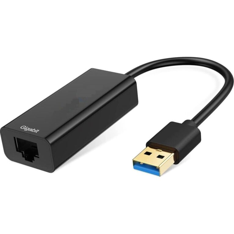 Gigabitni omrežni adapter z moškim USB-A priključkom in ženskim RJ45 priključkom.