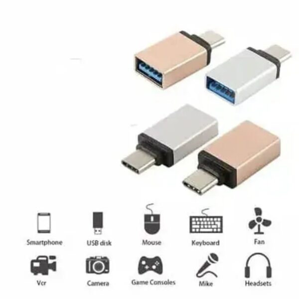 Barvni prikaz kovinskih USB-C moški na USB-A ženski OTG adapterjev v črni, modri, zlati, sivi in srebrni izvedbi.