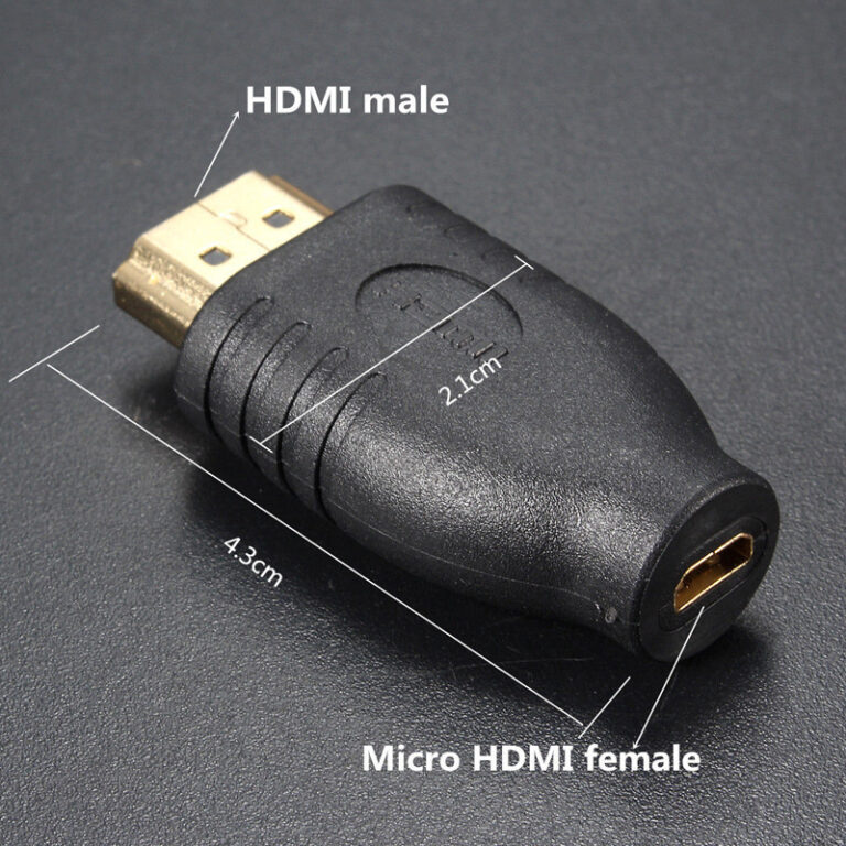 Črni adapter s HDMI Type-A moškim priključkom na strani televizorja in Micro-HDMI Type-D ženskim priključkom.