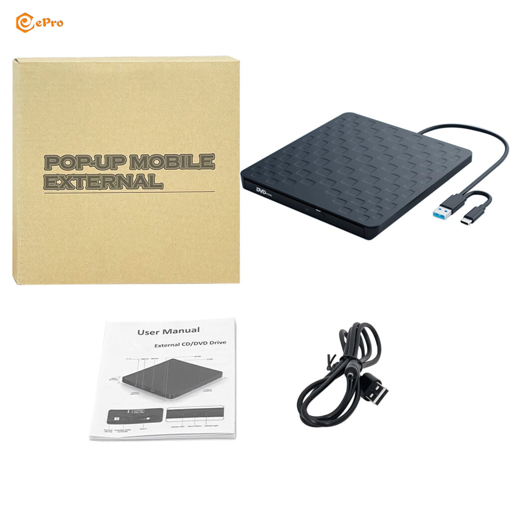 Črn zunanji CD/DVD zapisovalnik EDD34 z USB kablom, embalažo in navodili.