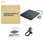 Črn zunanji CD/DVD zapisovalnik EDD34 z USB kablom, embalažo in navodili.