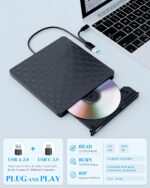 Črn zunanji zapisovalnik EDD34 z odprtim pladnjem za optični disk; prikazana sta priključka USB-A in USB-C.