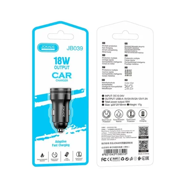 JOKADE JB039 avtomobilski polnilec USB-A 18 W