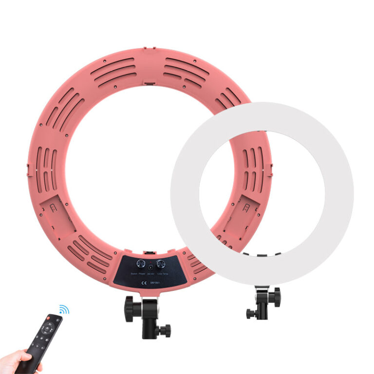 LED obročna luč (ring light) 18″, 90 W, s stojalom – roza