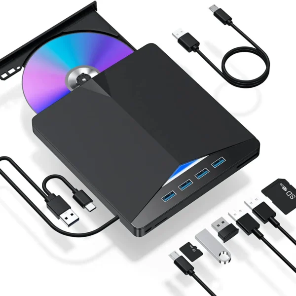 7-v-1 zunanji CD/DVD zapisovalnik z USB-C in čitalnikom kartic