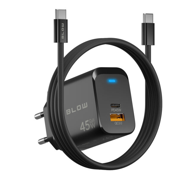 USB-C polnilnik BLOW 76-033 črn, GaN 45 W, s kablom USB-C na USB-C