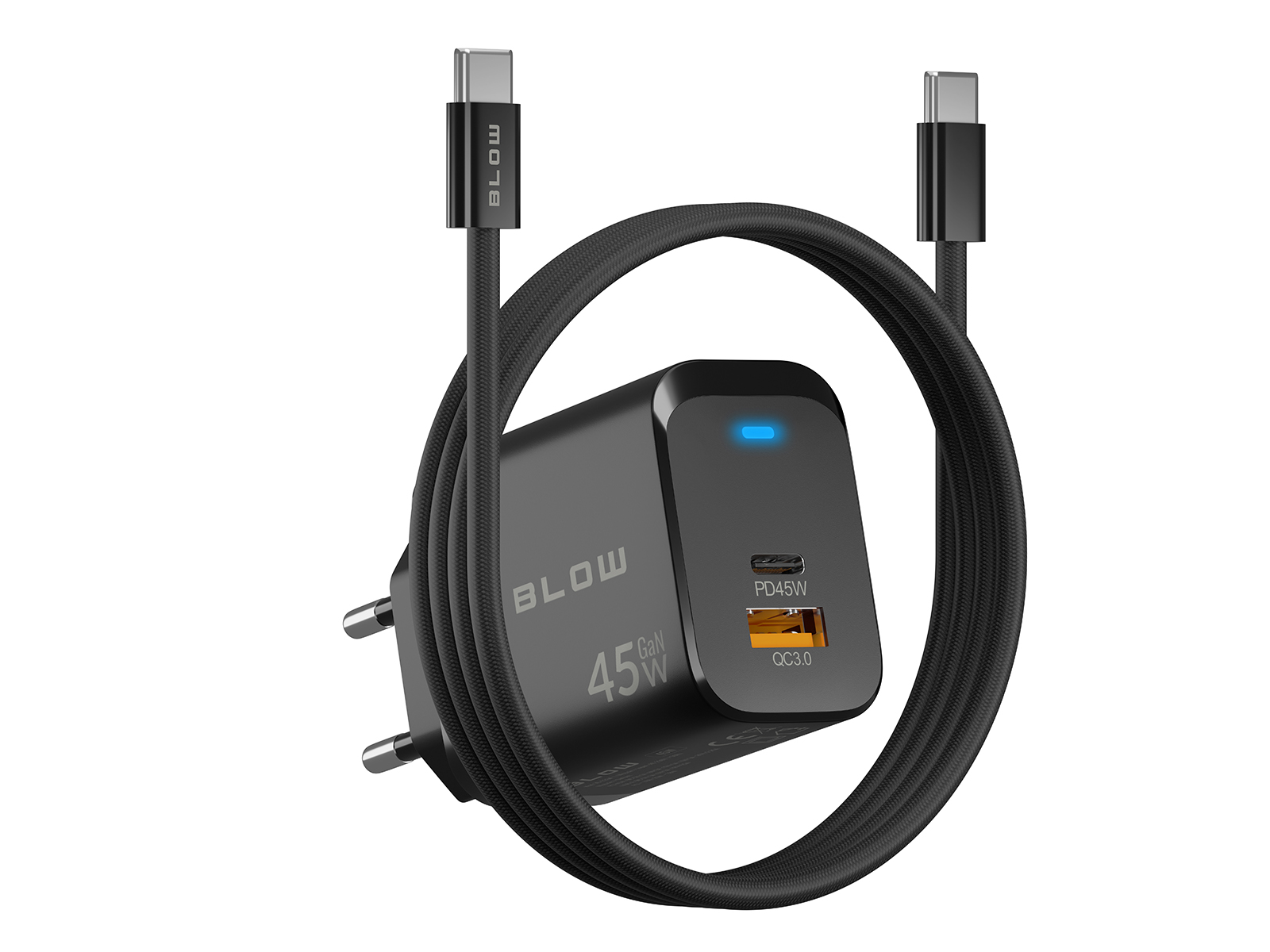 BLOW 76-033 črn, GaN 45 W s kablom USB-C USB-C polnilnik BLOW 76-033 črn, GaN 45 W, s kablom USB-C na USB-C