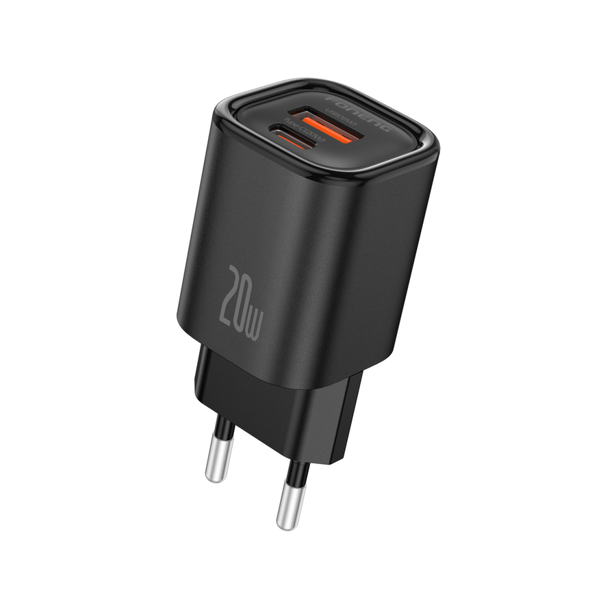 USB-C polnilnik Foneng EU70 črn, 20 W, z izhodoma USB-C in USB-A