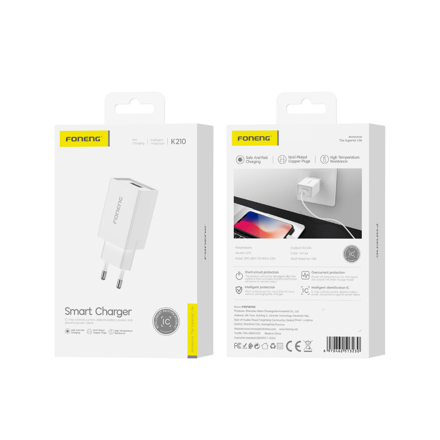 USB polnilnik Foneng K210 bel 5 V 2,1 A s kablom USB-C