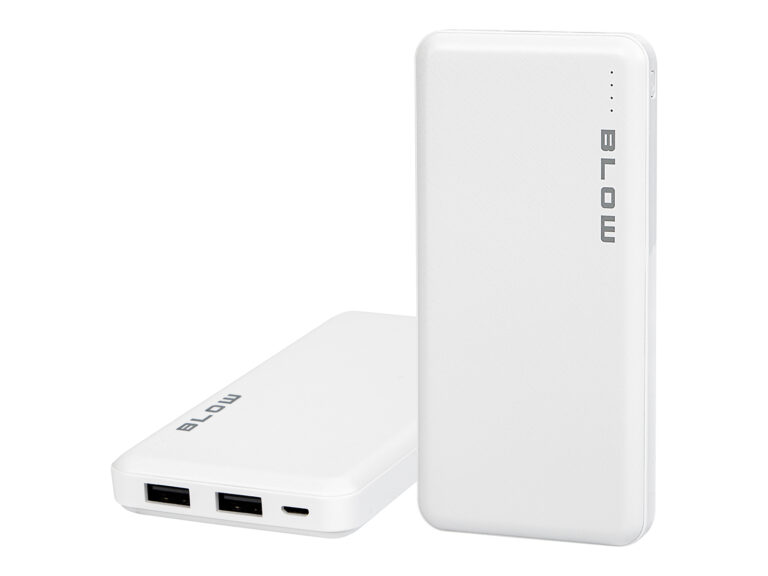 Powerbank BLOW PB10A 10.000 mAh, bel, pogled od spredaj in od zadaj