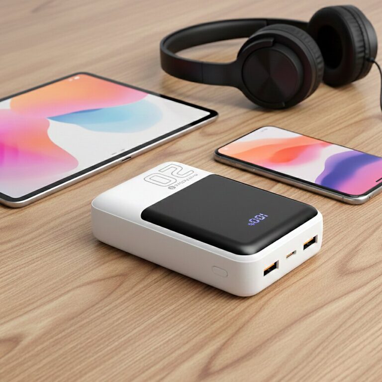 Powerbank everActive EB-20Q z belim ohišjem, LCD-zaslonom in priključki USB-C ter USB-A