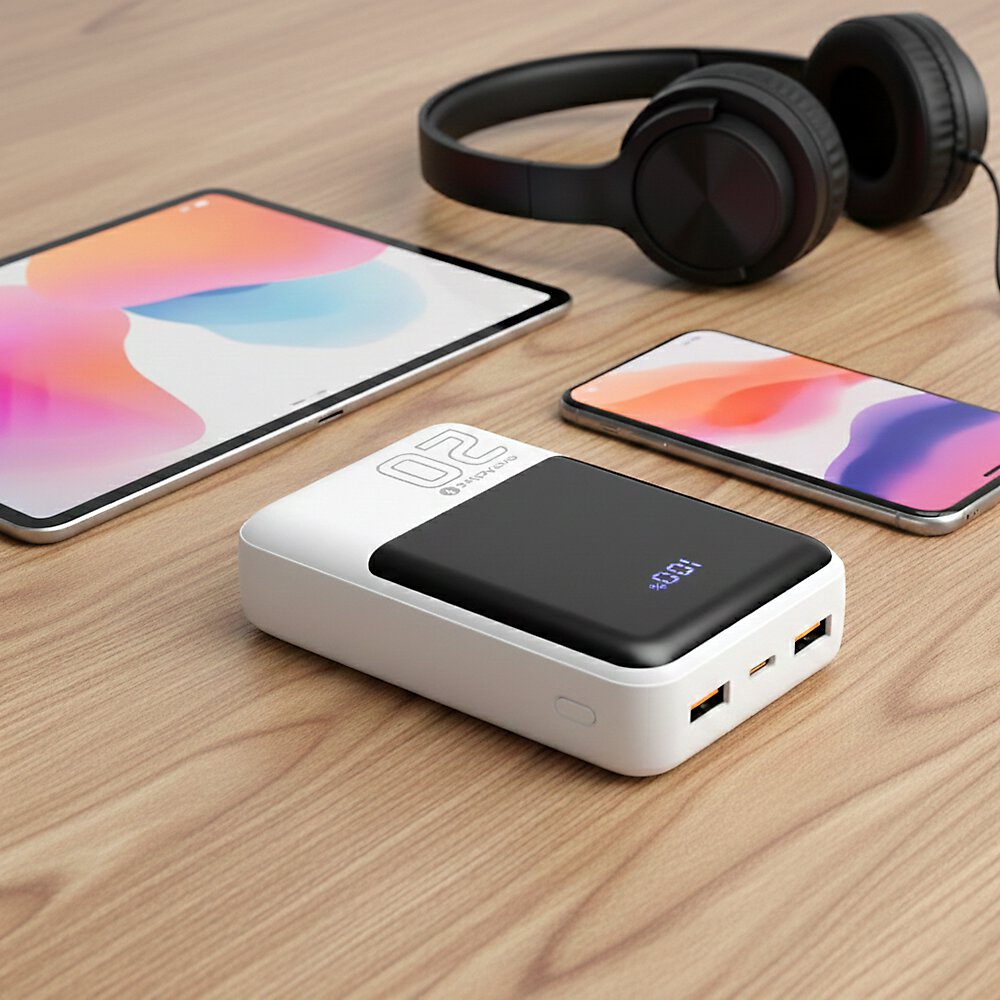 Powerbank everActive EB-20Q z belim ohišjem, LCD-zaslonom in priključki USB-C ter USB-A