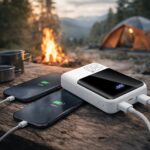 Powerbank everActive EB-20Q z belim ohišjem in LCD-zaslonom med polnjenjem povezanih naprav